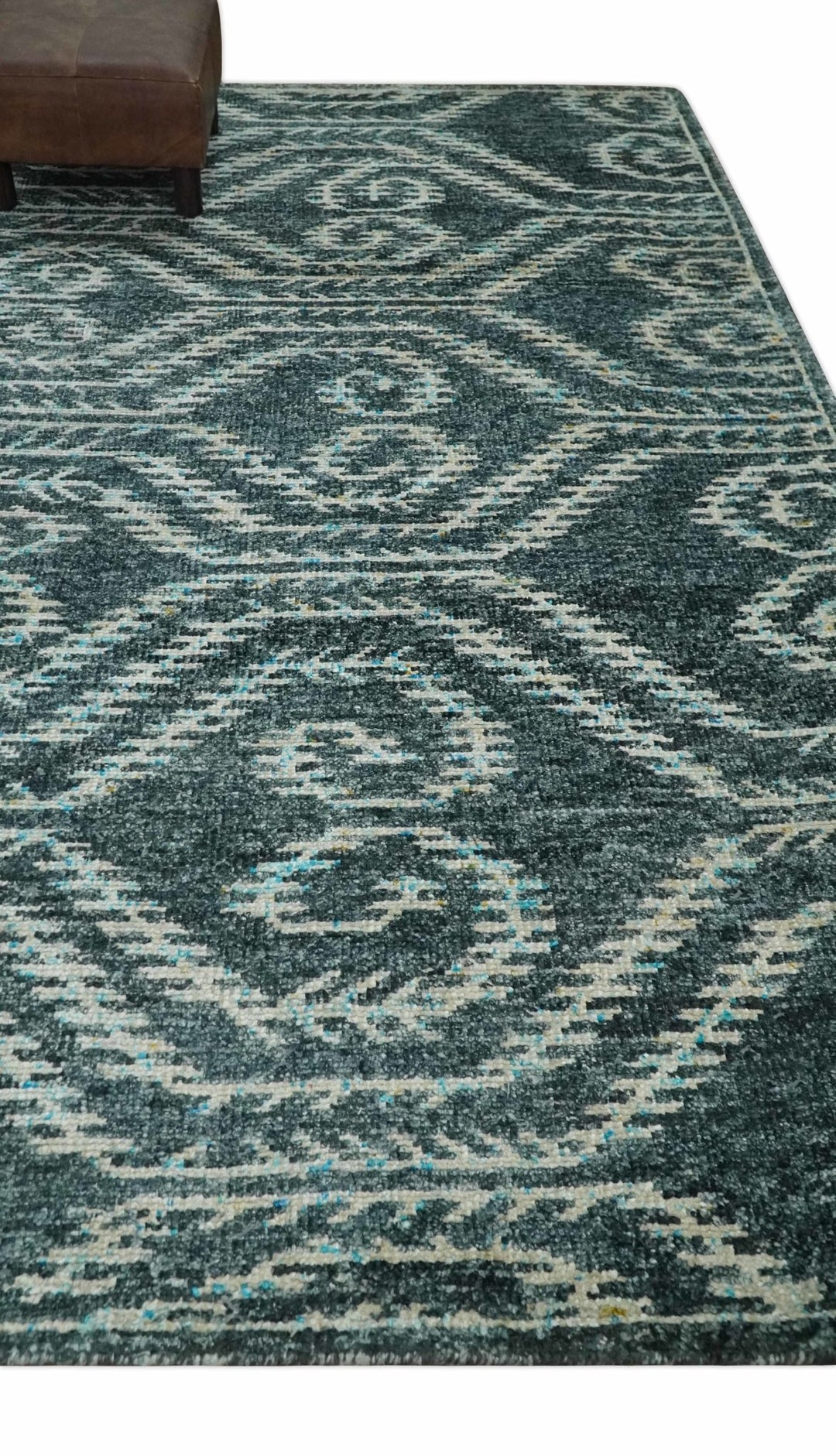 5x8 Hand Knotted Dark Teal and Ivory Modern Contemporary Southwestern Tribal Trellis Recycled Silk Area Rug | OP115 - The Rug Decor