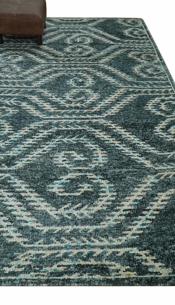 5x8 Hand Knotted Dark Teal and Ivory Modern Contemporary Southwestern Tribal Trellis Recycled Silk Area Rug | OP115 - The Rug Decor