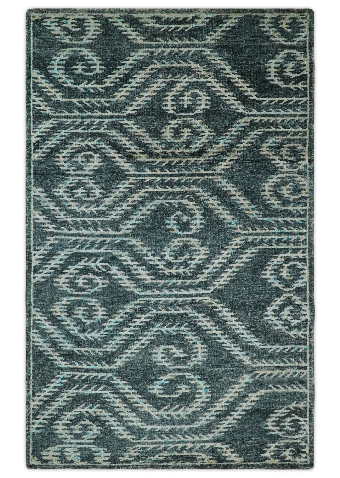 5x8 Hand Knotted Dark Teal and Ivory Modern Contemporary Southwestern Tribal Trellis Recycled Silk Area Rug | OP115 - The Rug Decor