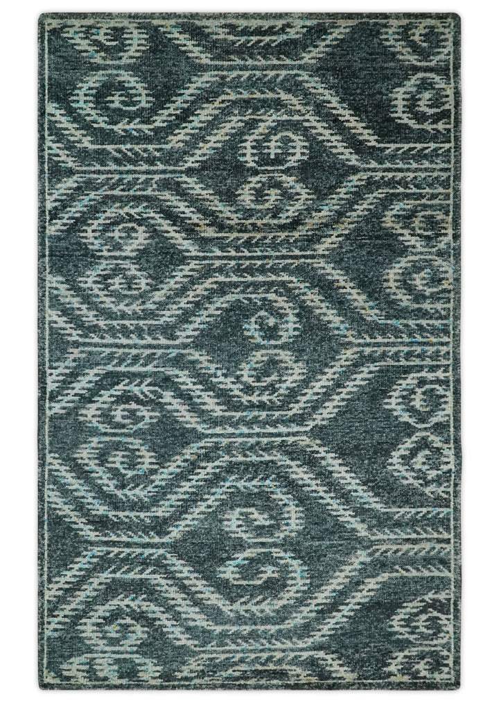 5x8 Hand Knotted Dark Teal and Ivory Modern Contemporary Southwestern Tribal Trellis Recycled Silk Area Rug | OP115 - The Rug Decor