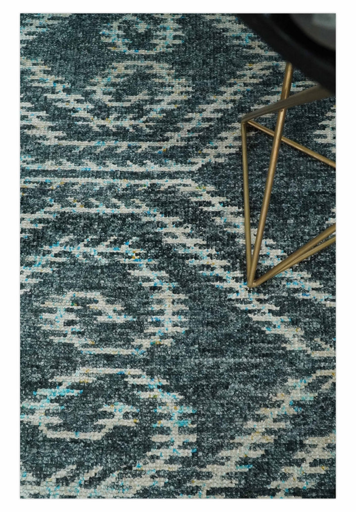 5x8 Hand Knotted Dark Teal and Ivory Modern Contemporary Southwestern Tribal Trellis Recycled Silk Area Rug | OP115 - The Rug Decor