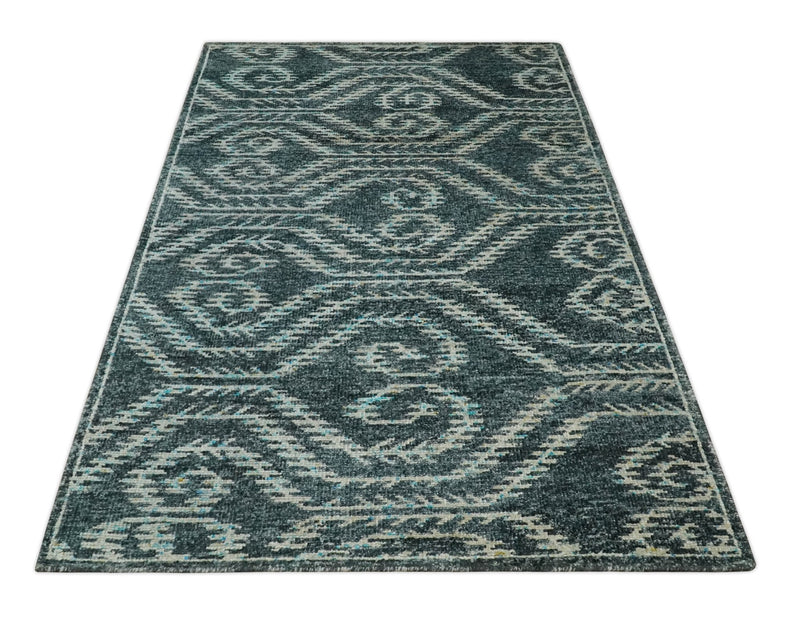 5x8 Hand Knotted Dark Teal and Ivory Modern Contemporary Southwestern Tribal Trellis Recycled Silk Area Rug | OP115 - The Rug Decor