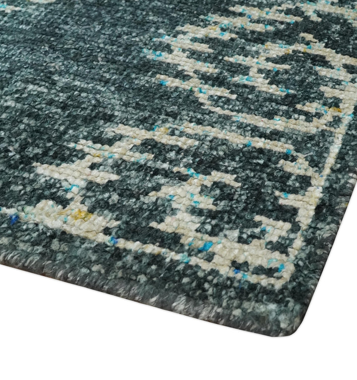 5x8 Hand Knotted Dark Teal and Ivory Modern Contemporary Southwestern Tribal Trellis Recycled Silk Area Rug | OP115 - The Rug Decor
