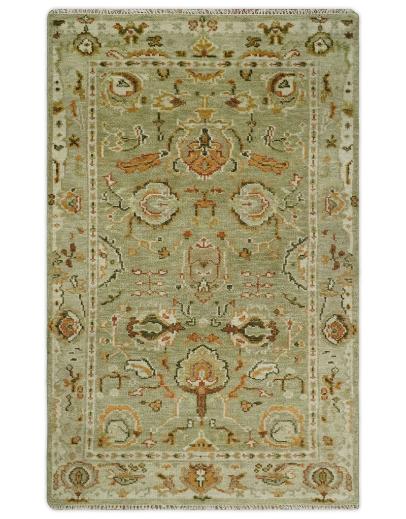 5x8 Hand Knotted Green and beige Traditional Vintage Persian Style Antique Wool Rug | TRDCP61858 - The Rug Decor