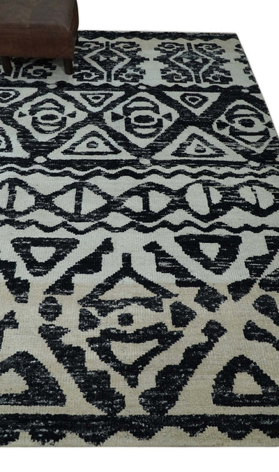 5x8 Hand Knotted Ivory and Black Antique Persian Style Contemporary Recycled Silk Area Rug | OP117 - The Rug Decor