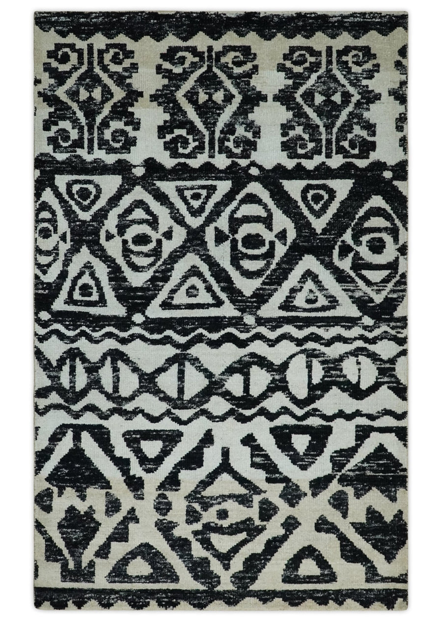 5x8 Hand Knotted Ivory and Black Antique Persian Style Contemporary Recycled Silk Area Rug | OP117 - The Rug Decor