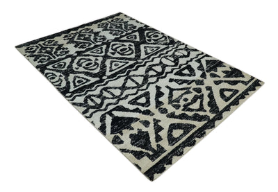 5x8 Hand Knotted Ivory and Black Antique Persian Style Contemporary Recycled Silk Area Rug | OP117 - The Rug Decor