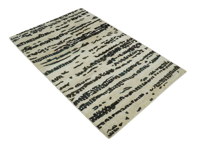 5x8 Hand Knotted Ivory and Brown Modern Abstract Contemporary Recycled Silk Area Rug | OP105 - The Rug Decor