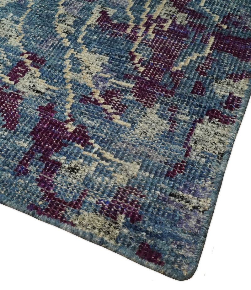 5x8 Hand Knotted Ivory, Blue and Purple Modern Abstract Contemporary Recycled Silk Area Rug | OP72 - The Rug Decor