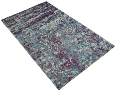 5x8 Hand Knotted Ivory, Blue and Purple Modern Abstract Contemporary Recycled Silk Area Rug | OP72 - The Rug Decor