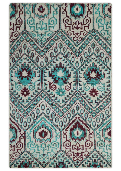 5x8 Hand Knotted Ivory, Blue and Red Antique Persian Style Contemporary Bamboo Silk Area Rug | OP114 - The Rug Decor