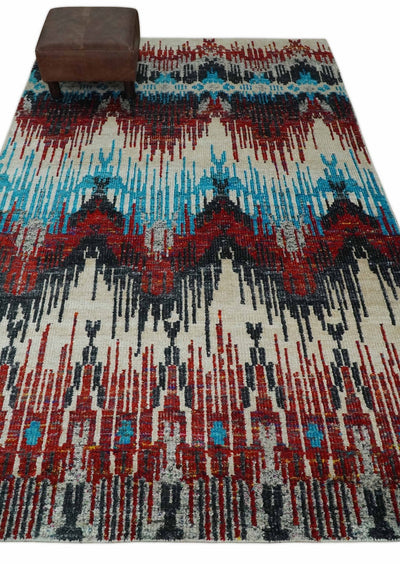 5x8 Hand Knotted Ivory, Blue and Red Modern Abstract Contemporary Recycled Silk Area Rug | OP99 - The Rug Decor