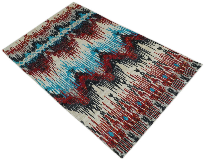5x8 Hand Knotted Ivory, Blue and Red Modern Abstract Contemporary Recycled Silk Area Rug | OP99 - The Rug Decor