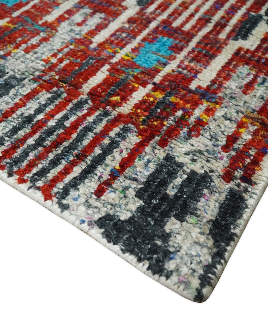 5x8 Hand Knotted Ivory, Blue and Red Modern Abstract Contemporary Recycled Silk Area Rug | OP99 - The Rug Decor