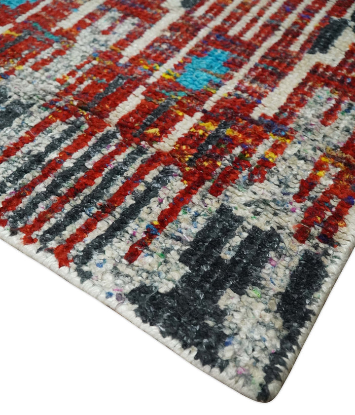 5x8 Hand Knotted Ivory, Blue and Red Modern Abstract Contemporary Recycled Silk Area Rug | OP99 - The Rug Decor