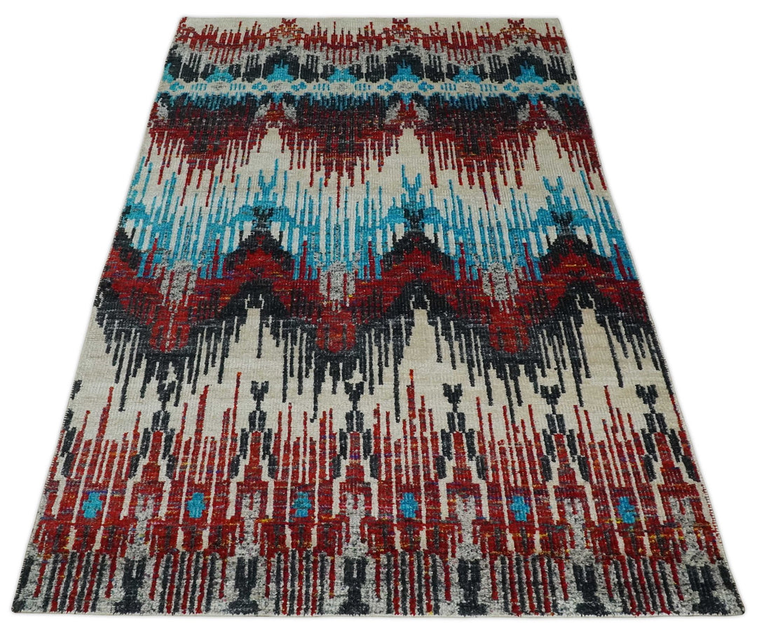 5x8 Hand Knotted Ivory, Blue and Red Modern Abstract Contemporary Recycled Silk Area Rug | OP99 - The Rug Decor