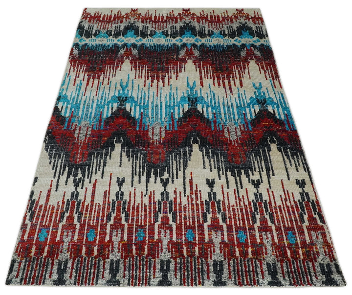 5x8 Hand Knotted Ivory, Blue and Red Modern Abstract Contemporary Recycled Silk Area Rug | OP99 - The Rug Decor