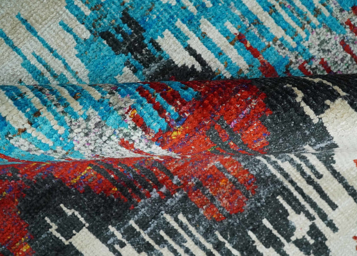 5x8 Hand Knotted Ivory, Blue and Red Modern Abstract Contemporary Recycled Silk Area Rug | OP99 - The Rug Decor