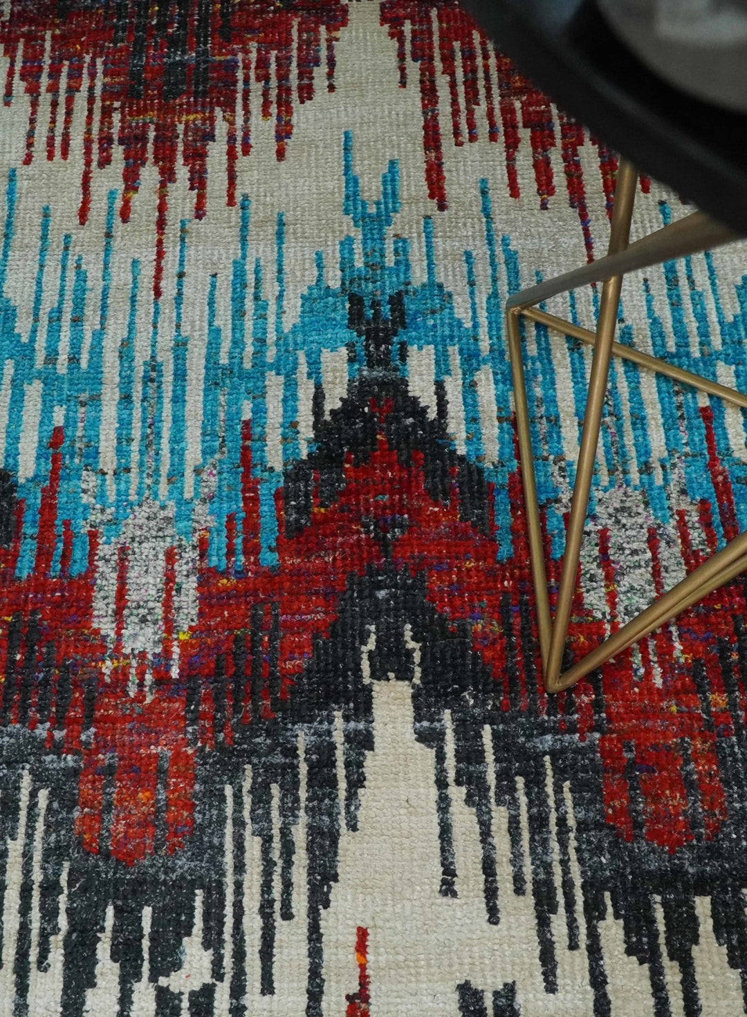 5x8 Hand Knotted Ivory, Blue and Red Modern Abstract Contemporary Recycled Silk Area Rug | OP99 - The Rug Decor