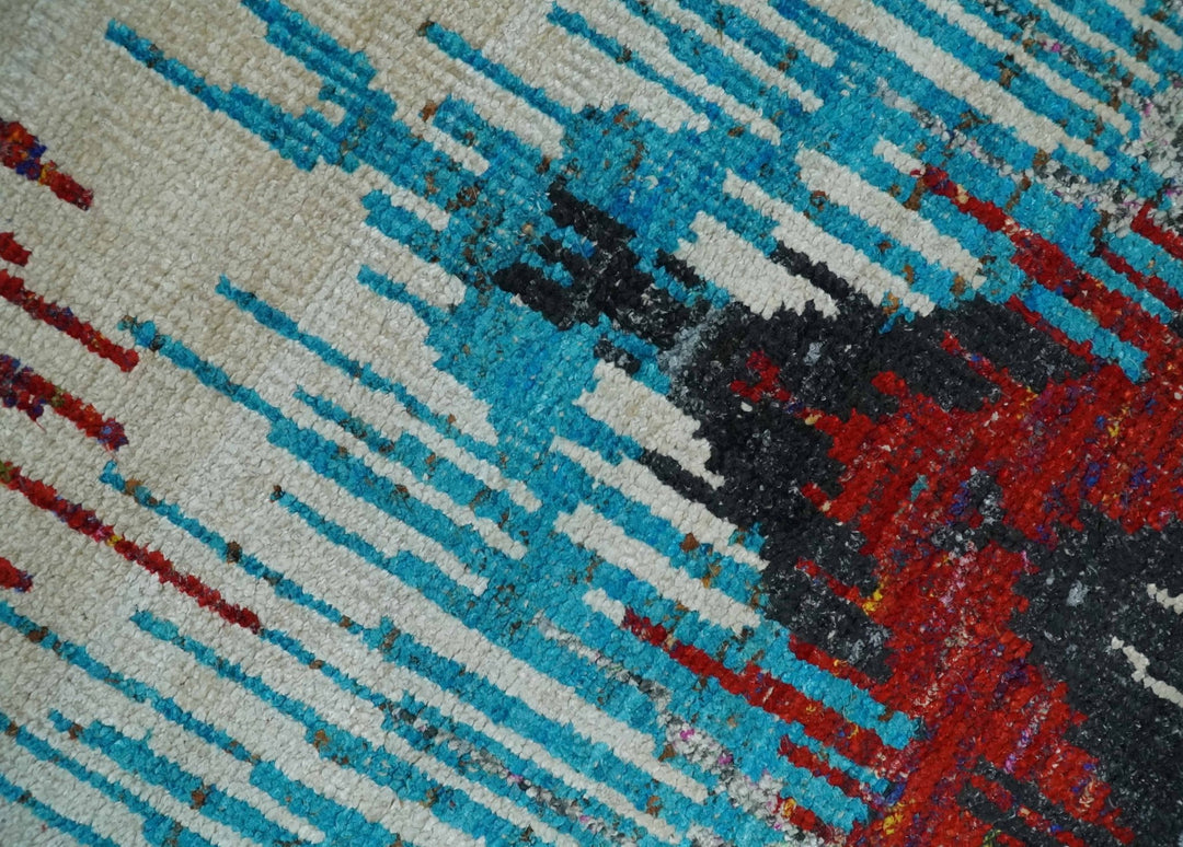 5x8 Hand Knotted Ivory, Blue and Red Modern Abstract Contemporary Recycled Silk Area Rug | OP99 - The Rug Decor