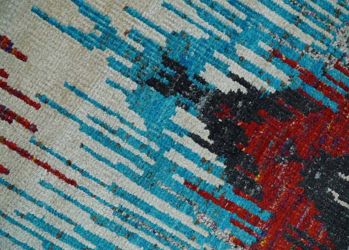 5x8 Hand Knotted Ivory, Blue and Red Modern Abstract Contemporary Recycled Silk Area Rug | OP99 - The Rug Decor