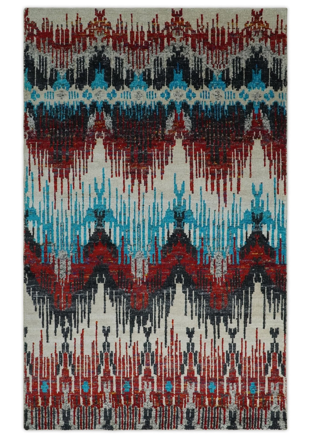 5x8 Hand Knotted Ivory, Blue and Red Modern Abstract Contemporary Recycled Silk Area Rug | OP99 - The Rug Decor