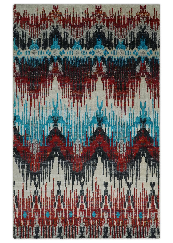 5x8 Hand Knotted Ivory, Blue and Red Modern Abstract Contemporary Recycled Silk Area Rug | OP99 - The Rug Decor