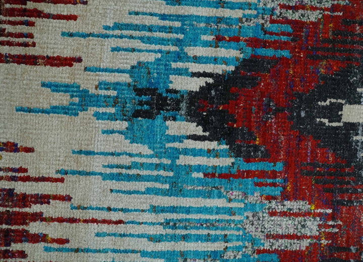 5x8 Hand Knotted Ivory, Blue and Red Modern Abstract Contemporary Recycled Silk Area Rug | OP99 - The Rug Decor