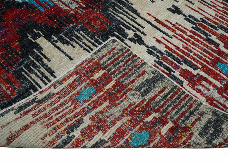 5x8 Hand Knotted Ivory, Blue and Red Modern Abstract Contemporary Recycled Silk Area Rug | OP99 - The Rug Decor