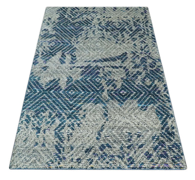 5x8 Hand Knotted Ivory, Blue and Teal Modern Geometric Contemporary Recycled Silk Area Rug | OP102 - The Rug Decor