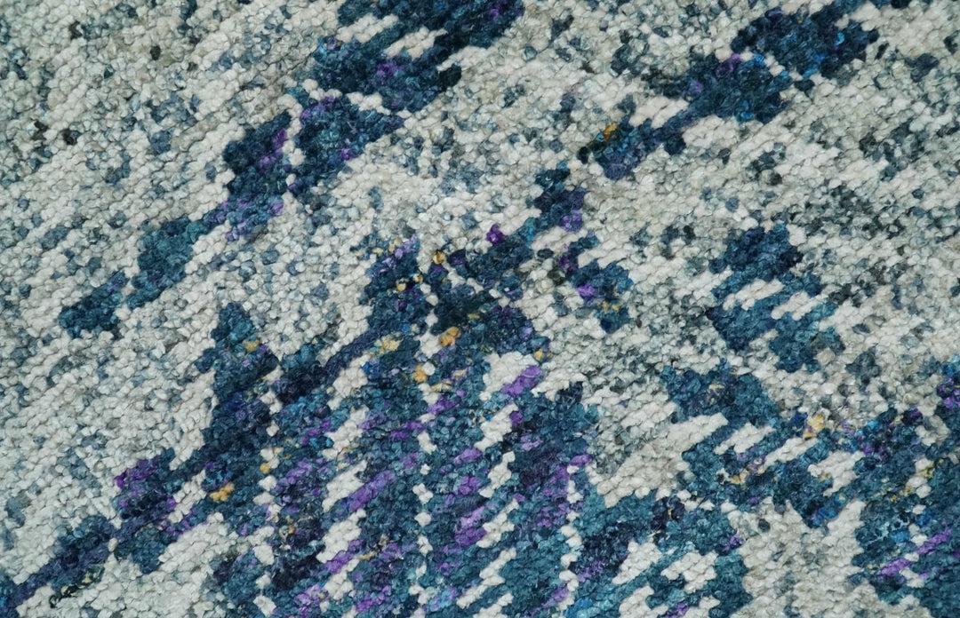 5x8 Hand Knotted Ivory, Blue and Teal Modern Geometric Contemporary Recycled Silk Area Rug | OP102 - The Rug Decor