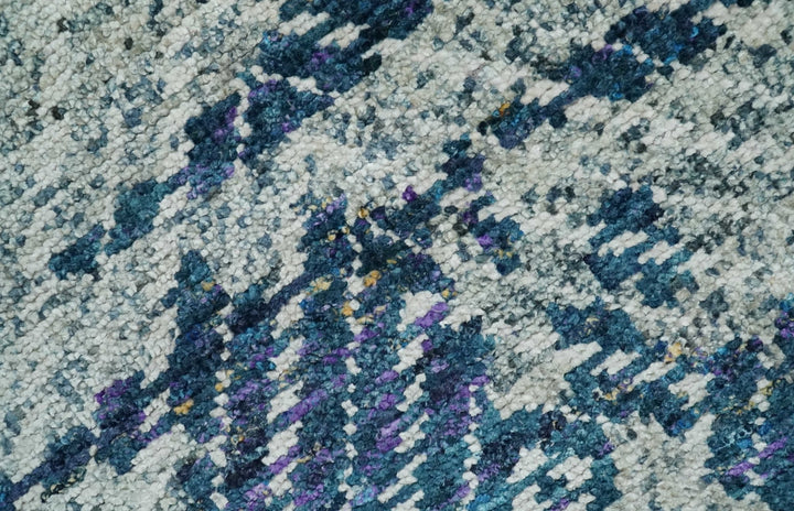 5x8 Hand Knotted Ivory, Blue and Teal Modern Geometric Contemporary Recycled Silk Area Rug | OP102 - The Rug Decor