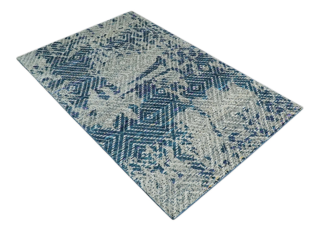 5x8 Hand Knotted Ivory, Blue and Teal Modern Geometric Contemporary Recycled Silk Area Rug | OP102 - The Rug Decor