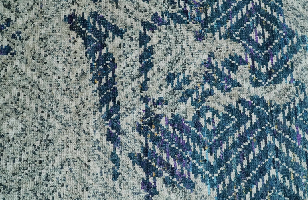 5x8 Hand Knotted Ivory, Blue and Teal Modern Geometric Contemporary Recycled Silk Area Rug | OP102 - The Rug Decor