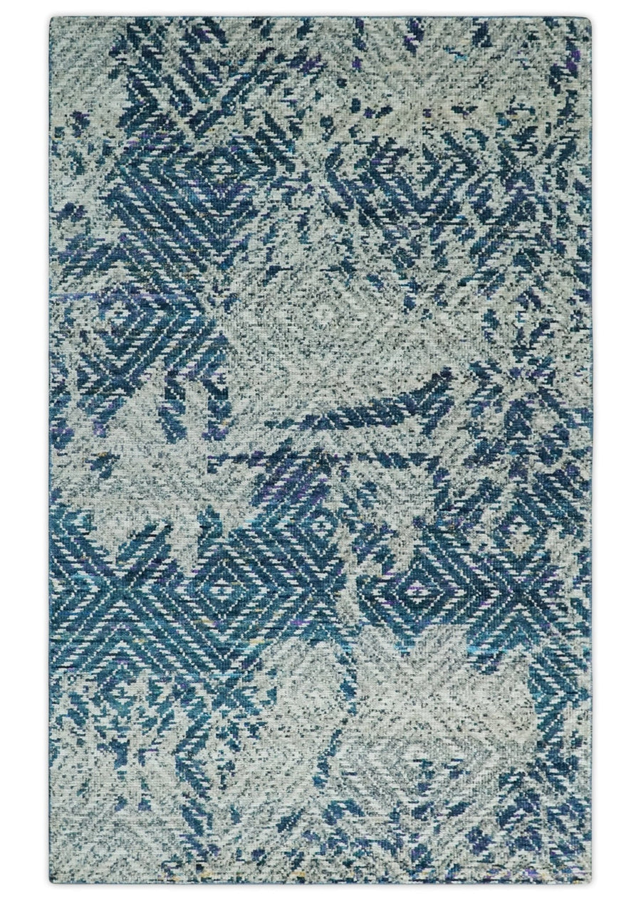 5x8 Hand Knotted Ivory, Blue and Teal Modern Geometric Contemporary Recycled Silk Area Rug | OP102 - The Rug Decor