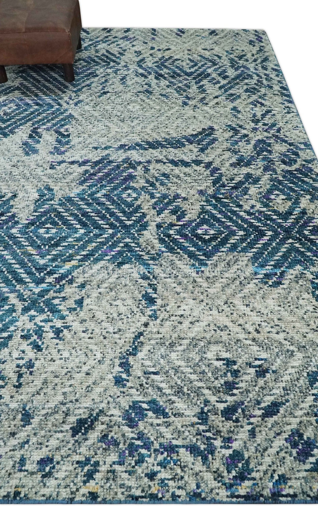 5x8 Hand Knotted Ivory, Blue and Teal Modern Geometric Contemporary Recycled Silk Area Rug | OP102 - The Rug Decor