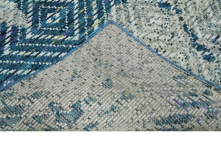 5x8 Hand Knotted Ivory, Blue and Teal Modern Geometric Contemporary Recycled Silk Area Rug | OP102 - The Rug Decor