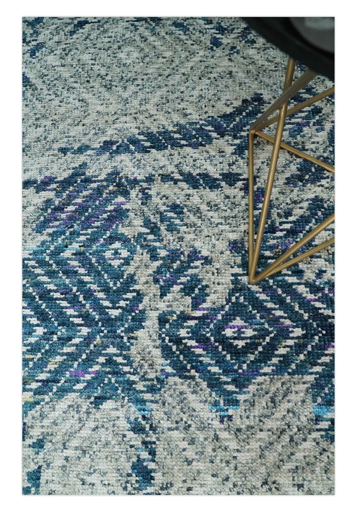 5x8 Hand Knotted Ivory, Blue and Teal Modern Geometric Contemporary Recycled Silk Area Rug | OP102 - The Rug Decor