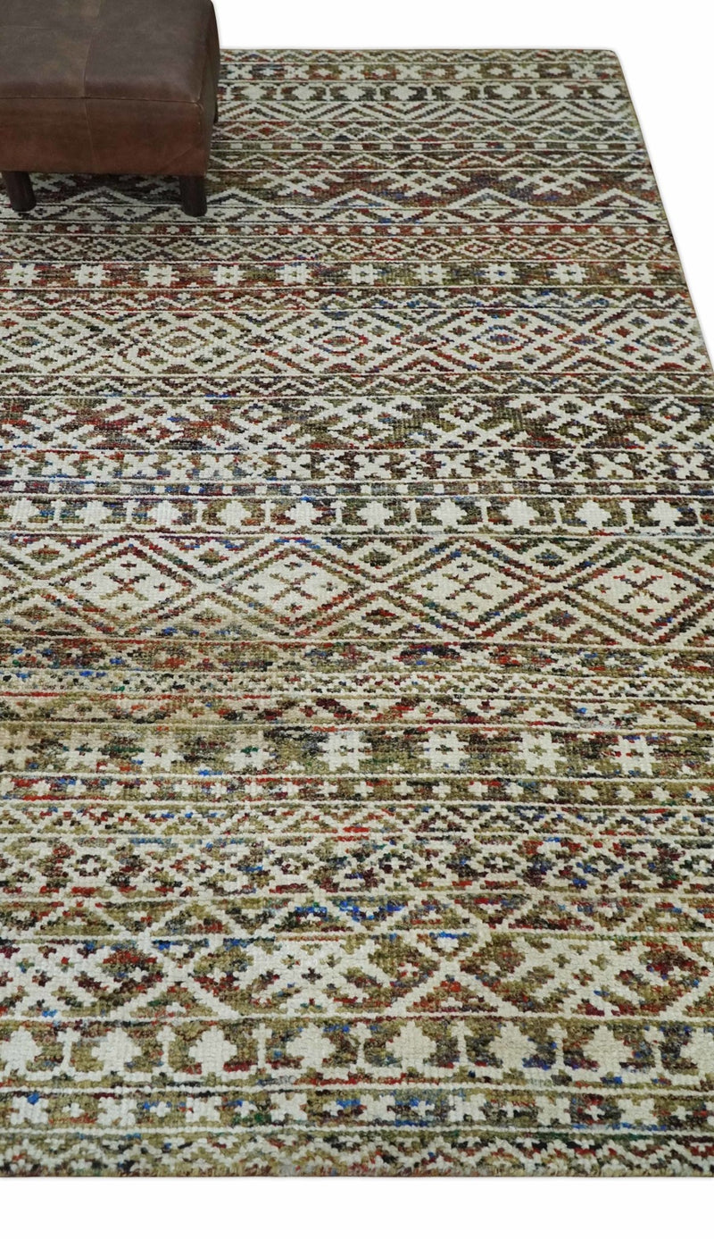 5x8 Hand Knotted Ivory, Olive and Rust Modern Contemporary Southwestern Tribal Trellis Recycled Silk Area Rug | OP121 - The Rug Decor