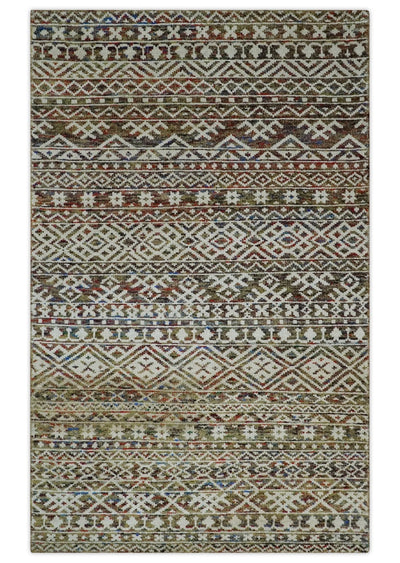 5x8 Hand Knotted Ivory, Olive and Rust Modern Contemporary Southwestern Tribal Trellis Recycled Silk Area Rug | OP121 - The Rug Decor