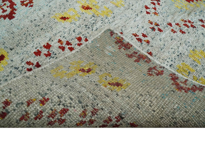 5x8 Hand Knotted Ivory, Red and Yellow Persian made of Recycled Silk Area Rug | OP95 - The Rug Decor