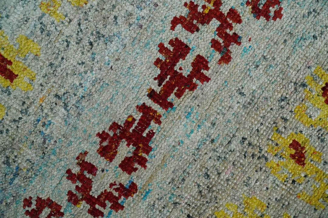 5x8 Hand Knotted Ivory, Red and Yellow Persian made of Recycled Silk Area Rug | OP95 - The Rug Decor