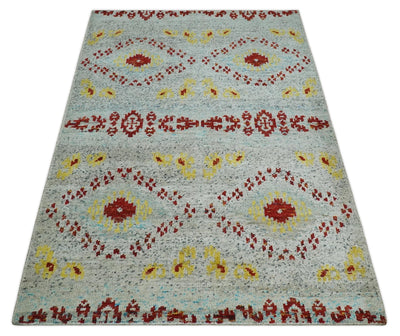 5x8 Hand Knotted Ivory, Red and Yellow Persian made of Recycled Silk Area Rug | OP95 - The Rug Decor