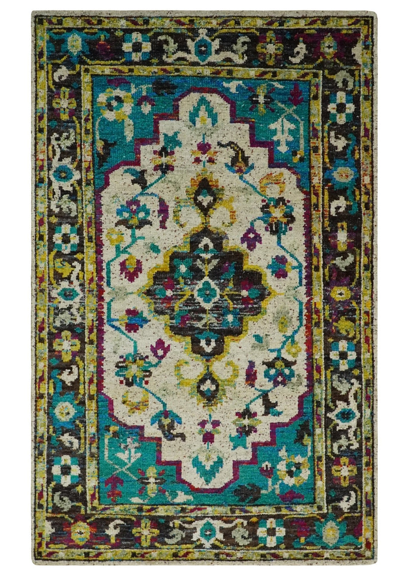 5x8 Hand Knotted Ivory, Teal Blue and Brown Antique Persian Style Contemporary Bamboo Silk Area Rug | OP76 - The Rug Decor