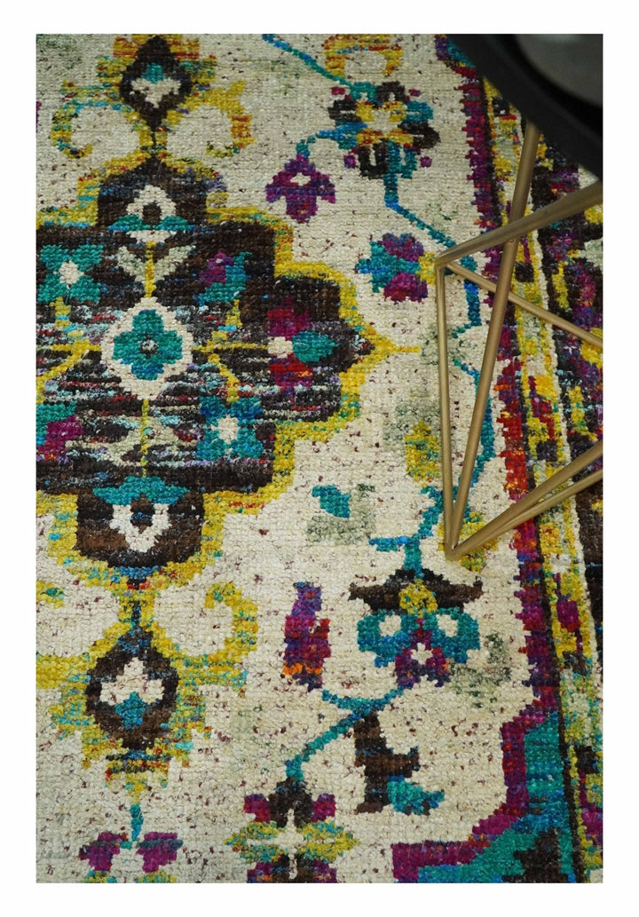 5x8 Hand Knotted Ivory, Teal Blue and Brown Antique Persian Style Contemporary Bamboo Silk Area Rug | OP76 - The Rug Decor