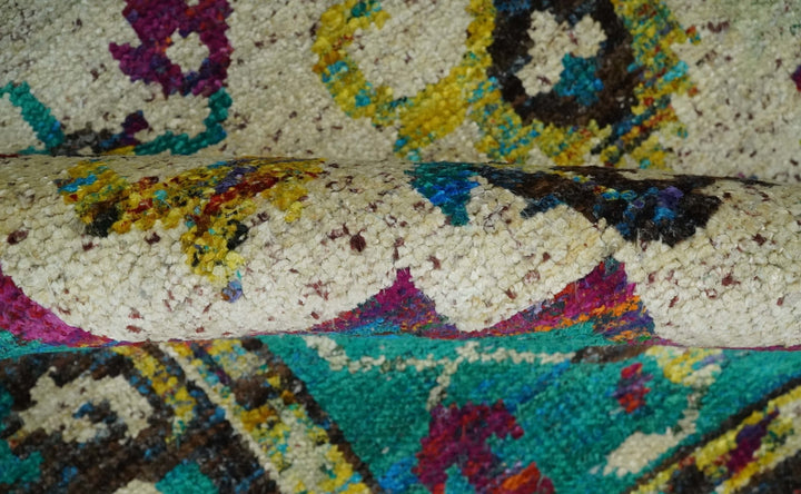 5x8 Hand Knotted Ivory, Teal Blue and Brown Antique Persian Style Contemporary Bamboo Silk Area Rug | OP76 - The Rug Decor