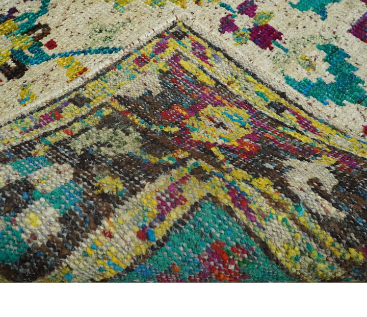 5x8 Hand Knotted Ivory, Teal Blue and Brown Antique Persian Style Contemporary Bamboo Silk Area Rug | OP76 - The Rug Decor
