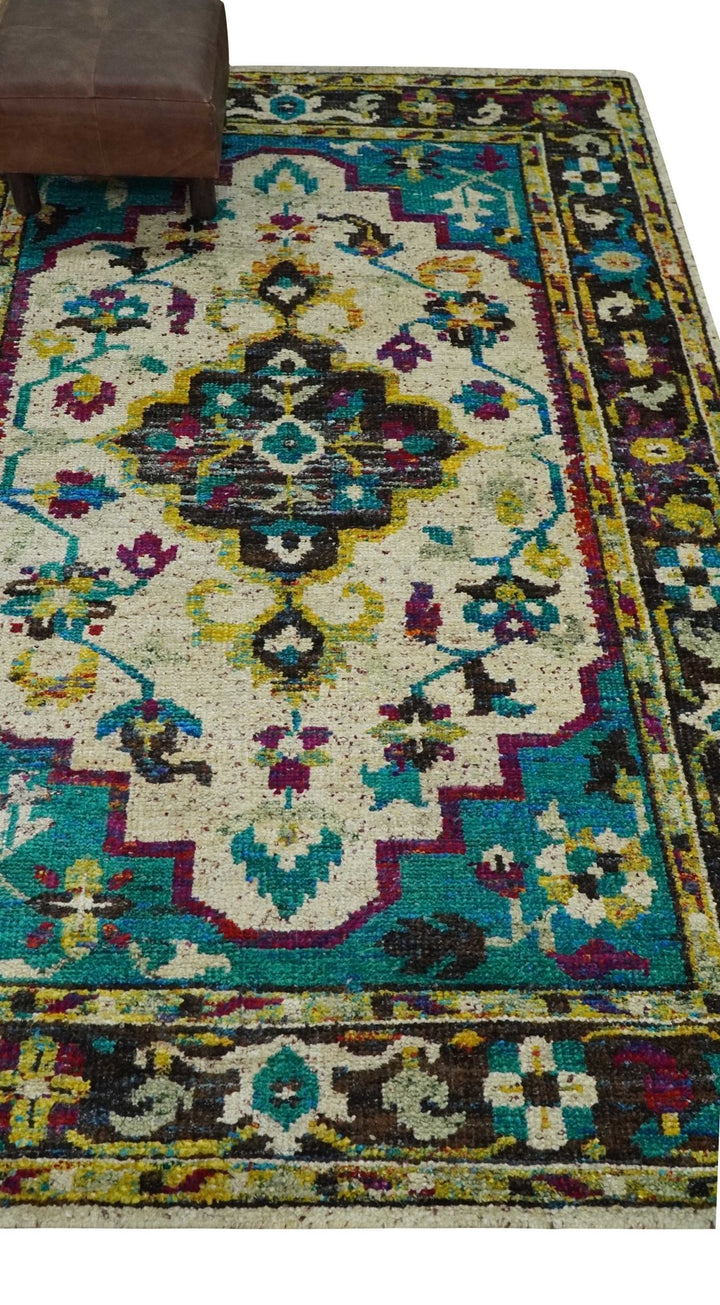 5x8 Hand Knotted Ivory, Teal Blue and Brown Antique Persian Style Contemporary Bamboo Silk Area Rug | OP76 - The Rug Decor