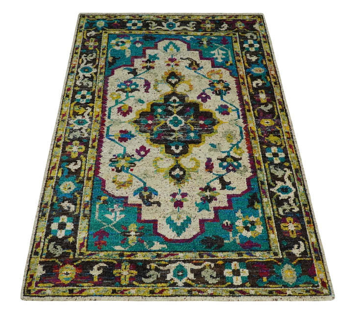 5x8 Hand Knotted Ivory, Teal Blue and Brown Antique Persian Style Contemporary Bamboo Silk Area Rug | OP76 - The Rug Decor