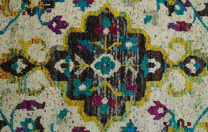 5x8 Hand Knotted Ivory, Teal Blue and Brown Antique Persian Style Contemporary Bamboo Silk Area Rug | OP76 - The Rug Decor